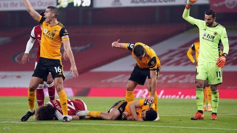 After a strong tackle, the Wolves striker fractures his skull